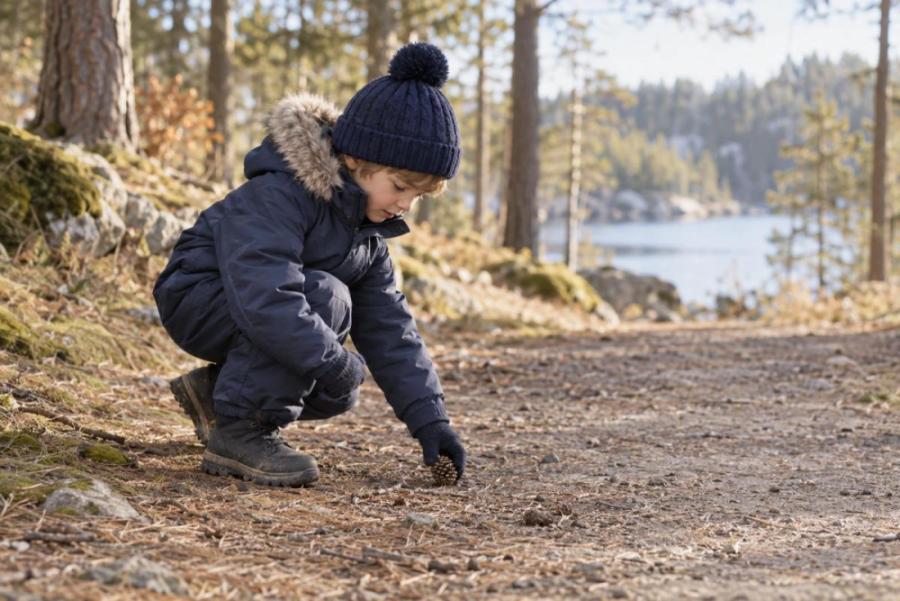 Et barn sidder på hug i en mørkeblå flyverdragt på en skovsti.
